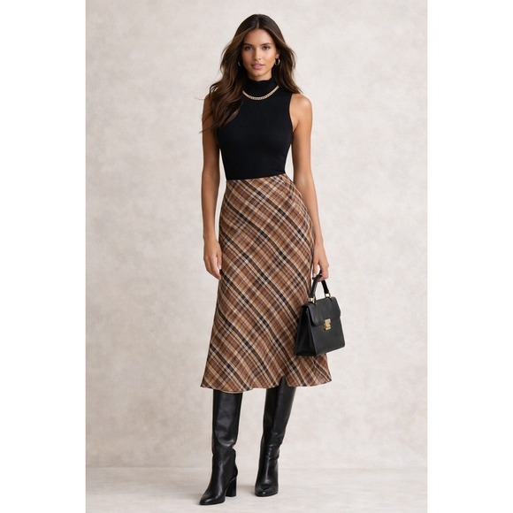 White Stag Dresses & Skirts - Vintage White Stag Skirt Womens 12P Brown Plaid Bias Cut Preppy Dark Academia